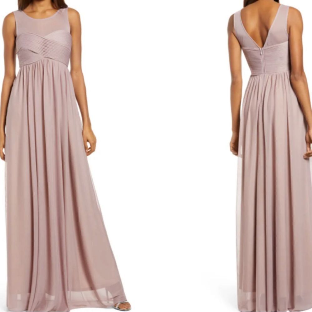 NWT BIRDY GREY Mauve Ryan Sleeveless Empire Waist Pleated sheer Gown M 4…